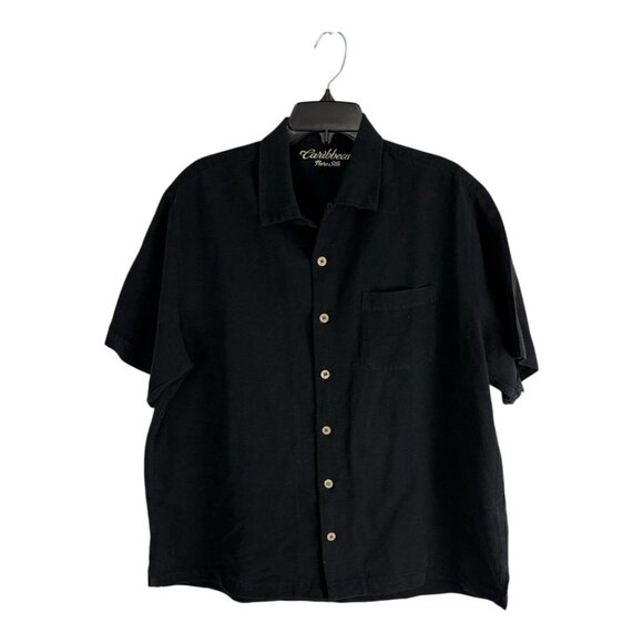 Caribbean Mens Shirt Size Large Button Down Black Short Sleeve 100% Silk - Picture 8 of 8